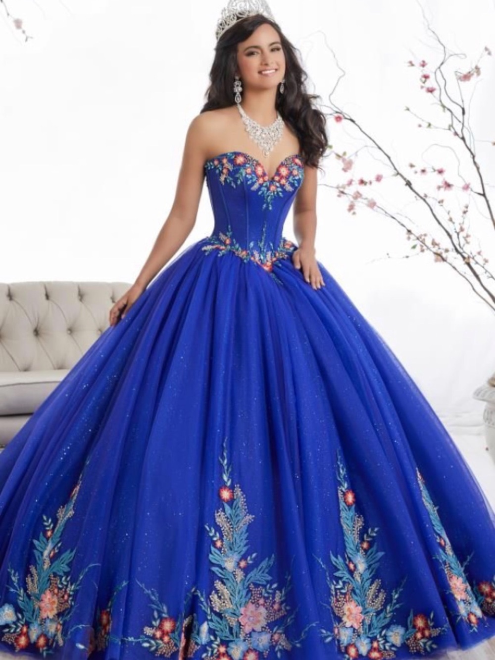 Royal Blue Strapless Ball Gown Dress with Floral Embroidery